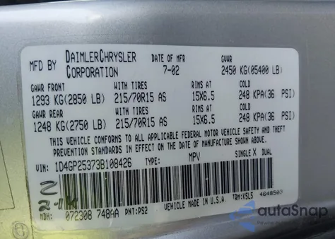 2003 Dodge Caravan Se z USA, uszkodzony, nr VIN 1D4GP25373B108426